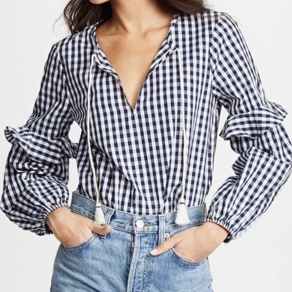 Splendid Navy Gingham Check Ruffled Tie Neck Navy White Long Sleeve Peasant Top - Picture 8 of 10
